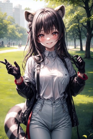 Raccoon girl,white shirt pants,long hair soldier, black,hands gloves,face blushing smile closed breats medium accessories ears raccoon Tail raccoon suspenders,body perfect,hair perfect,hands perfect, accesories neck bun  ((city park forest))
