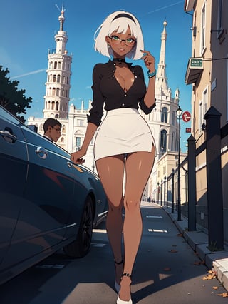 Extremely absurdres,  8k,  4k,  masterpiece,  Best Quality,  extremely detailed,  intricate,  hyper detailed,  perfect face,  illustration,  cel shading,  best quality,  (skindentation:0.95,  muscular:0.8,  abs:0.9),  low key:0.5,  (1 girl:1.2,  dark skin:1.3),  (solo:1.2,  full body shot),  (cute,  standing,  relaxed pose),  collar,  (medium breasts:1.2,  perky breasts),  thick thighs,  thick eyelashes,  long eyelashes,  (white business suit:1.5,  black shirt:1.4,  tube miniskirt:1.2,  high heels),  (white hair,  bob cut,  freckles,  glasses,  hairband),  large earrings,  choker,  bracelets,  (glossy skin,  green eyes:1.4,  glowing eyes,  eyeliner,  eyeshadow),  serene smile,  friendly,  (leaning tower of pisa:1.2,  noon,  crowd),,,,