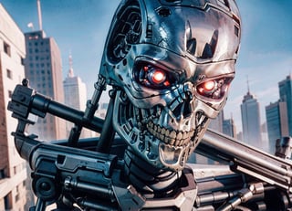 t800endoskeleton, skull face, red eyes, robot,  holding weapon, weapon, holding ,aiming,  outside, city roof, blue sky,  lora:T800Endoskeleton:.8, T800Endoskeleton