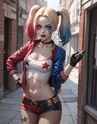 masterpiece, best quality, 1girl, solo, highres,   lora:pikkyharleyquinn-10:0.8,  scenery,
pikkyharleyquinn, two-tone hair,multicolored hair,blonde hair,breasts,makeup,twintails,blue eyes,lipstick,gloves,shorts,cleavage,navel,midriff,gradient hair,short shorts, pantyhose, choker,hair,eyeshadow,colored skin,pale skin,multicolored clothes,jacket,belt, crop top,open jacket,star (symbol),open clothes,lips,
,pikkyharleyquinn