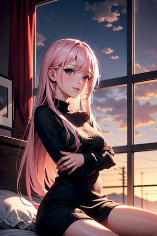 (masterpiece, best quality, unity 8k wallpaper, highres), ambient light, (super_beautiful_detailed hair face eyes mouth skin, slender:1.4), (perfect hands, perfect anatomy), BREAK
 1girl, solo, (pink long hair:1.3), vely-long-sagging small-breasts, horizon, sweater, cloud, cloudy sky, evening, mountain, mountainous horizon, sky, sunset, window, in bedroom, on bed, (cowboy shot:1.3), light smile, looking at viewer, blink, sitting