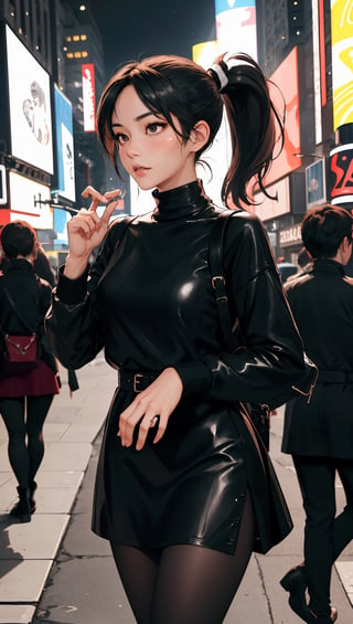 Masterpiece, best quality, fine detail, maishiranui, maishiranui_face, bangs, ponytail, oily skin, (detailed face and eyes):1.2, wearing edgADC, turtleneck, sweater dress, 38carbon leggings, boots, standing, candid pose, times square at night, lora:maiShiranui030417:0.6, lora:edgAutumnDressCode:0.4
,edgADC_fashion