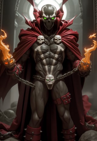 spawn, solo, skull, male focus, red cape, glowing eyes, embers, green fire, glowing, chain, looking at viewer, standing, upper body, intricate details, masterpiece, absurdres, best quality 
