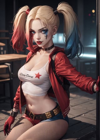 masterpiece, best quality, 1girl, solo, highres,   lora:pikkyharleyquinn-10:0.8,  scenery,
pikkyharleyquinn, two-tone hair,multicolored hair,blonde hair,breasts,makeup,twintails,blue eyes,lipstick,gloves,shorts,cleavage,navel,midriff,gradient hair,short shorts, pantyhose, choker,hair,eyeshadow,colored skin,pale skin,multicolored clothes,jacket,belt, crop top,open jacket,star (symbol),open clothes,lips,
,pikkyharleyquinn