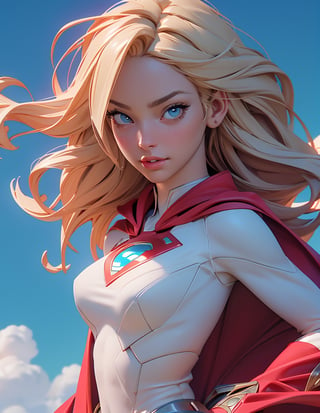 1girl, Highly detailed RAW color Photo, poised pose, Full Body, ((portrait of supergirl)) age 18, ((dynamic_pose)), ((flying_midair)), ((fighting)), ((long_red_cape)), ((fully_suit_red_blue_white_gold)), beautiful face, symmetrical face, tone mapped, intricate, elegant, highly detailed, digital painting, concept art, red and blue, smooth, sharp focus, colorfull, depth of field, octane render,  art by artgerm and alphonse mucha, trending on artstation, cinematic animation still, by lois van baarle, ilya kuvshinov, metahuman, outdoors, toned body, (sci-fi), ((cloudy_blue sky)), (mountains:1.1), (lush green vegetation), (two moons in sky:0.8), (highly detailed, hyperdetailed, intricate), (lens flare:0.7), (bloom:0.7), particle effects, raytracing, cinematic lighting, shallow depth of field, photographed on a Sony a9 II, ((35mm f1.8_wide angle lens)), sharp focus, cinematic film still from Gravity 2013, short_curly_hair, average_breasts, blond_curly_hair, green-eyes, ((sexy_pink_lips)), intricate_detail, realistic, detailed_background, (8k, RAW photo, best quality), detailed_skin, sharp_eyes, beautifull, looking_at_camera, beautiful detailed eyes, beautiful detailed lips, high detailed skin, detailed background, 8k uhd, dslr,photorealistic, perfect hand, perfect fingers, big_breasts, Detailedface, 3DMM