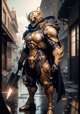 Hammer of Holy Fortitude, golden ghost warrior holding sledgehammer, mask covering face, sledgehammer held in hand, hammer smashed to the ground, bandana tied to forehead, strong fat warrior, super cool ghost warrior, male, hammer, sledgehammer, long cloak, with black mask, wearing golden mechanical armor, glowing golden eyes, perfect body proportions, full body shot, looking up, super detail, IP by pop mart, edge light, avatar, octane rendering, blender, black background of riot battlefield, 3d, c4d, Best Quality, Very Detailed, Ancient Technology, HDR (High Dynamic Range), Ray Tracing, NVIDIA RTX, Super Resolution, Unreal 5, Subsurface Scattering, PBR Textures, Post-processing, Anisotropic Filtering, Depth of Field, Maximum Clarity and Acutance, Multi-layer Textures, Albedo and Highlight Maps, Surface Shading, Accurate Simulation of Light-Material Interactions, Perfect Proportions, Octane Rendering, Two-tone Lighting, Low ISO, White Balance, Rule of Thirds, Wide Aperture, 8K RAW, High Efficiency Subpixels, subpixel convolution, luminescent particles, light scattering, Tyndall effect