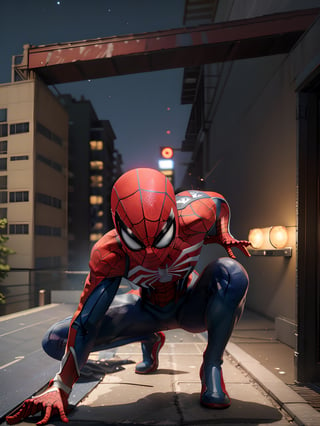 spideyadv2, 1 man crouching on rooftop, 5 fingers, best quality, masterpiece, 8k, uhd, night, new york, flexible man, spiderman pose, comic book style