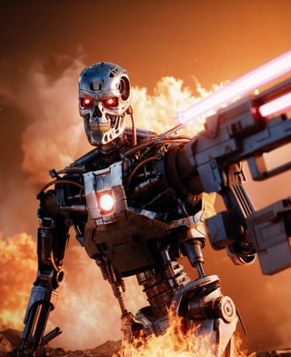 (lora:T800Endoskeleton-10:0.8), (RAW photo, real life, absurdres, high quality, photorealistic, detailed, realistic:1.3), (solo:1.3), ((dynamic pose)), a high resolution comic book art photo of a T800Endoskeleton robot with red eyes and metal skull face and chrome metal body and holding a futuristic gun shooting lasers, standing on a hill of skulls, dark sky and fire and flames and smoke and explosions and robots and post apocalypse war in the background, cinematic, atmospheric, 8k, realistic lighting, shot by Hassleblad H6D, Zeiss, Kodachrome, nikon, 50mm 1.2 lens, Octane Render, ultra realistic, realistic lighting, photorealistic, photorealism, photoreal, unreal engine 5, Adobe After FX, highly detailed, intricate detail