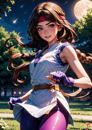 YuriSaka, red headband, white dougi, golden belt, leggings, fingerless gloves, looking at viewer, serious, happy, blush, 
fighting pose, outside, park, field, trees, night, moon, extreme detail, hdr, beautiful quality,  
,yurims