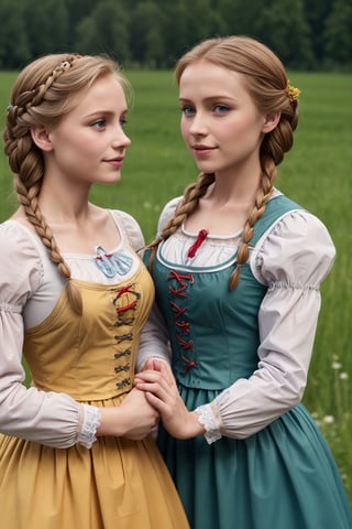 wetshirts, two young peasant women wearing traditional dirndl dresses, Elsa and Anna, updo, riverbank, Wetshirt, close-up, 2girls
