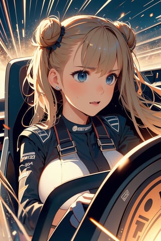 (((masterpiece))), (((best quality))), (((from front))), (((driving a formula racing))), ((fingers on (steering wheel))), sitting on cockpit, sharp eyes, helmet, dark gray jacket, gray uniform, speed lines, electric current, spiral wind, neon lights, dust, spark, shards, 1girl, big tits, blonde twinbun hair, sweat, slim figure, big turn, lora:girllikeformularacing_v20:1
