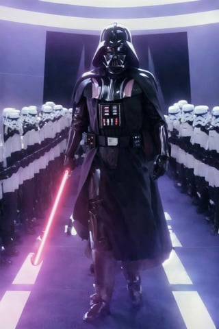 darth vader standing in front of a group of storm troopers in a room,holding lightsabe in his hands, walking across a bunch of stormtroopers behind him,Black_outfit,hood, hood_up, boots, darth vader without helmet,cape,armor, shoulder armor, armored boots, ,darth vader without helmet, looking at viewer,(closed mouth:1.0),NSFW,official art,extremely detailed CG unity 8k wallpaper, perfect lighting,Colorful, Bright_Front_face_Lighting,(masterpiece:1.0),(best_quality:1.0), ultra high res,4K,ultra-detailed,photography, 8K, HDR, highres, absurdres:1.2, Kodak portra 400, film grain, blurry background, bokeh:1.2, lens flare, (vibrant_color:1.2)  