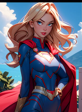 1girl, Highly detailed RAW color Photo, poised poise, superhero_pose, Full Body, ((portrait of supergirl)) age 18, ((dynamic_pose)), ((flying_midair)), ((fighting)), ((long_red_cape)), ((fully_suit_red_blue_white_gold)), beautiful face, symmetrical face, tone mapped, intricate, elegant, highly detailed, digital painting, concept art, red and blue, smooth, sharp focus, colorfull, depth of field, octane render,  art by artgerm and alphonse mucha, trending on artstation, cinematic animation still, by lois van baarle, ilya kuvshinov, metahuman, outdoors, toned body, (sci-fi), ((cloudy_blue sky)), (mountains:1.1), (lush green vegetation), (two moons in sky:0.8), (highly detailed, hyperdetailed, intricate), (lens flare:0.7), (bloom:0.7), particle effects, raytracing, cinematic lighting, shallow depth of field, photographed on a Sony a9 II, ((35mm f1.8_wide angle lens)), sharp focus, cinematic film still from Gravity 2013, short_curly_hair, average_breasts, blond_curly_hair, green-eyes, ((sexy_pink_lips)), intricate_detail, realistic, detailed_background, (8k, RAW photo, best quality), detailed_skin, sharp_eyes, beautifull, looking_at_camera, beautiful detailed eyes, beautiful detailed lips, high detailed skin, detailed background, 8k uhd, dslr,photorealistic, perfect hand, perfect fingers, big_breasts, Detailedface, 3DMM