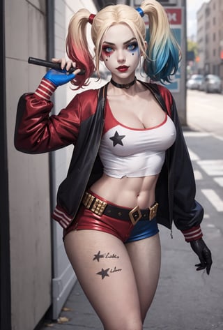 masterpiece, best quality, 1girl, solo, highres,   lora:pikkyharleyquinn-10:0.8,  scenery,
pikkyharleyquinn, two-tone hair,multicolored hair,blonde hair,breasts,makeup,twintails,blue eyes,lipstick,gloves,shorts,cleavage,navel,midriff,gradient hair,short shorts, pantyhose, choker,hair,eyeshadow,colored skin,pale skin,multicolored clothes,jacket,belt, crop top,open jacket,star (symbol),open clothes,lips,
,pikkyharleyquinn