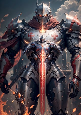 (Realism, photo realism: 1.3), backlight, a knight's mechanical armor, luxurious and exquisite shape, a blue glowing cross carved on the chest of the mecha, the mecha holds a red glowing wide and heavy armor sword, the red scarf sways in the wind, the knight's eyes are red flame light, and the battle posture is drawn