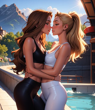 2girl, twin sisters, multiple girls, they are the same height, closed together, very closed hug, imminent kiss, masterpiece, best quality, blonde hair, light brown hair, light blonde hair, woman, (they are wearing leggings and sports bra), in the detailed water park, mountain in background, in the water, perfect nipples, 3/4 body portrait, showing off, seductive_pose, ,they are looking love, solid smile, lesbain atmosphere, perfect light, breasts grabbing, 