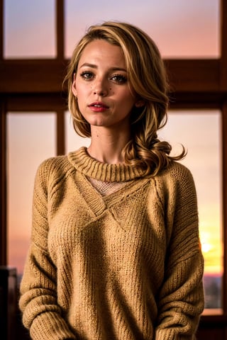 1 young cute iranian girl, very slim, skinny, blonde hair, rouge, oversize knit jumper, softcore, warm lighting, cosy atmosphere, Instagram style, red theme, upper body shot,(cinematic, black and red:0.85), (sunset beautiful background:1.3), sharp, dim colors
