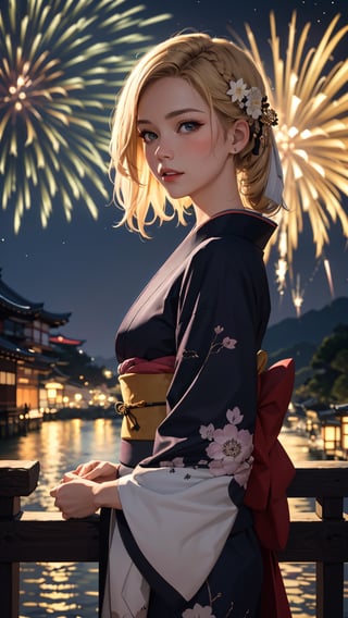 (best quality, masterpiece, colorful, dynamic angle, highest detailed) Realistic photo, fashion photography of a cute European girl with iridiscent blonde hair, flirting with POV, in traditional japanese gold&black kimono, ultra detailed kimono textures, perfect night, kyoto, fireworks, (intricate details, hyperdetailed:1.15), detailed, moonlight passing through hair, (official art, extreme detailed, highest detailed), HDR+
