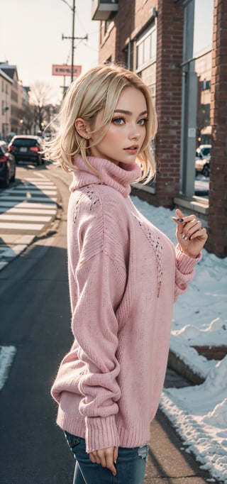 beautifull woman in a pink Winter Sweaters Oversized Turtleneck Long Sleeve with white hair in the air,