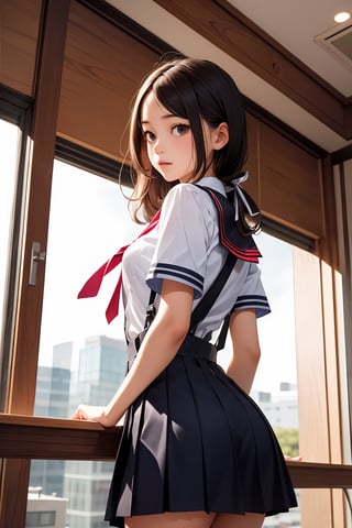    eva school unifrom, 1girl, solo, tokyo-3 middle school uniform,  shirt, short sleeves, suspender skirt, neck ribbon,, ultra detailed, masterpiece, best quality,
