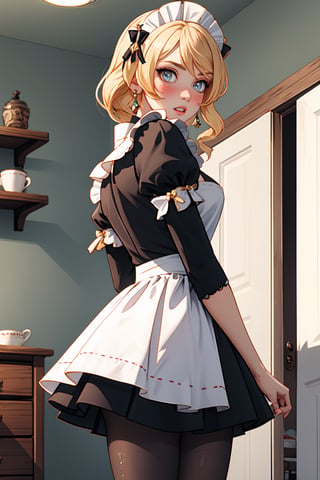 1girl, navia \(genshin impact\), solo, blonde hair, maid, maid headdress, maid apron, embarrassed, pantyhose, blush, parted lips, looking at viewer, cowboy shot, room, indoors, depth of field, masterpiece
,navia