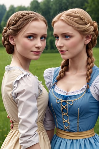 wetshirts, two young peasant women wearing traditional dirndl dresses, Elsa and Anna, updo, riverbank, Wetshirt, close-up, 2girls
