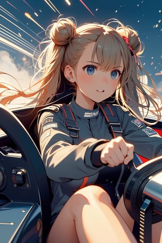 (((masterpiece))), (((best quality))), (((from front))), (((driving a formula racing))), ((fingers on (steering wheel))), sitting on cockpit, sharp eyes, helmet, dark gray jacket, gray uniform, speed lines, electric current, spiral wind, neon lights, dust, spark, shards, 1girl, big tits, blonde twinbun hair, sweat, slim figure, big turn, lora:girllikeformularacing_v20:1
