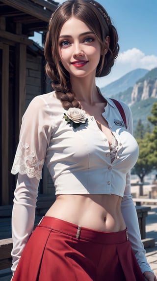 (masterpiece, high quality, best quality:1.3),
alexnadia, woman, long hair, dark brown eyes, dark brown hair, lipstick, smiling, excited, edgCosette, looking at viewer, smile, flower, skirt, gloves, midriff, underboob, suspenders, revealing clothes, wearing edgKLK_outfit,
extremely detailed, fine texture, Extremely high-resolution details,
(Epic scenery:1.05), (beautiful scenery:1.05), (detailed scenery:1.05), (intricate scenery:1.05), (wonderful scenery:1.05),
, , 
,edgCosette