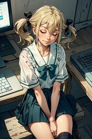 masterpiece, best quality, koujiro frau, hair ribbons, serafuku, pleated skirt, green socks, loafers, looking at viewer, smile, (tired:1.4), looking at viewer, computer, sitting, from above,  lora:frau-nvwls-v1:.8
,koujiro frau