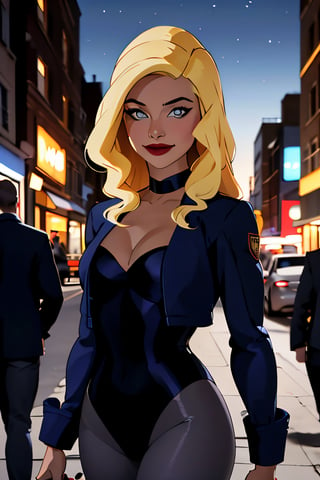 ((masterpiece,best quality)), absurdres,
lora:Black_Canary_JLU:0.7, Black_Canary_JLU, 
solo, smiling, looking at viewer, cowboy shot, 
night sky and city in background, cinematic composition, dynamic pose,
,Black_Canary_JLU