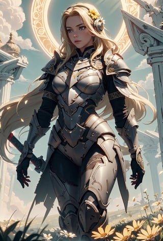 (4k), (masterpiece), (best quality),(extremely intricate), (realistic), (sharp focus), (cinematic lighting), (extremely detailed),

A girl knight in black plate armor with macaroon red embroideries, walking across a Meadow covered with blooming wildflowers, her sword raised in defiance. The sun is shining through her flowing long blonde hair giving the scene a slightly yellow tint.

,flower4rmor, flower warrior armor,Flower
,blessedtech, scifi, yellow hues
,stealthtech
,glyphtech