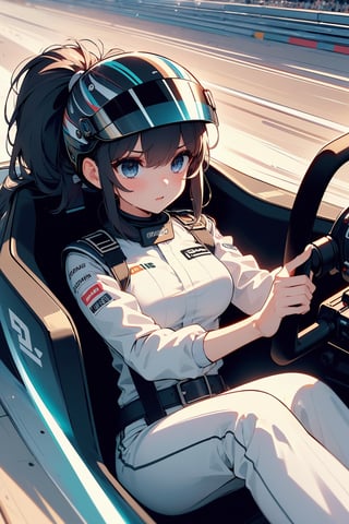 (((masterpiece))), (((best quality))), (((driving a formula racing))), ((fingers on steering wheel)), sitting on driver's seat, sharp eyes, ((helmet)), ((black uniform)), (((speed lines))), ((electricity)), ((spiral wind)), solo, 1girl, big tits, ponytail, sweat, slim figure, lora:girllikeformularacing:1
