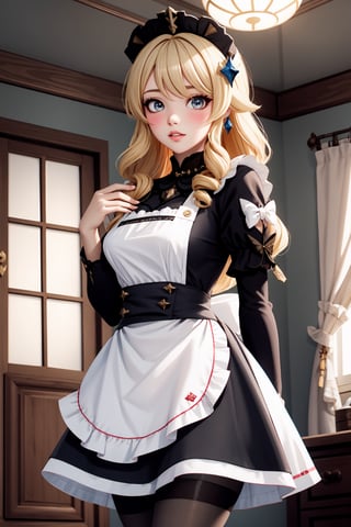 1girl, navia \(genshin impact\), solo, blonde hair, maid, maid headdress, maid apron, embarrassed, pantyhose, blush, parted lips, looking at viewer, cowboy shot, room, indoors, depth of field, masterpiece
,navia