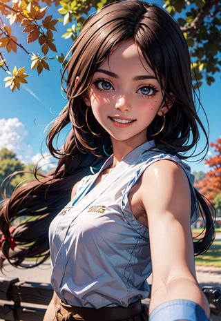 YuriSaka, red headband, white dougi, white gi, golden belt, fingerless gloves,looking at viewer, smiling, happy, portrait,
outside, park, trees, autumn, blue sky, extreme detail, masterpiece, beautiful quality, 
,yurims