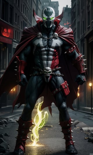 spawn2023, helmet, long red collar, red cowl, red cape, chains, skulls, glowing green eyes, red gauntlets, spikes, dramatic lighting, hyper realistic, raw image, 8k, muscular, uhd, best quality, award winning photo, rtx on, unreal engine 5, full body, wide angle shot, head to toe, gothic city, superhero pose, absurdres, long cape, large red boot, large gauntlet, flowing cape, round axe, asymmetrical red armor,
