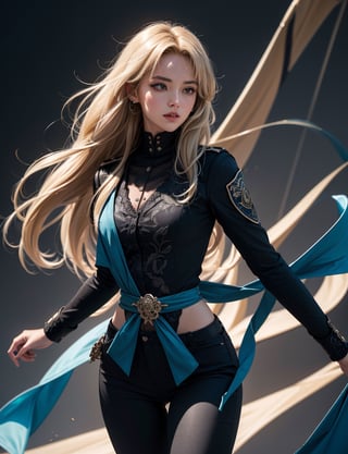 Ultra Detailed, 50mm, official art, unity 8k wallpaper, ultra detailed, aesthetic, masterpiece, best quality, photorealistic,1girl, , luocha, blonde hair, long hair,  black coat, black shirt, black pants, blue ascot, blue armband, blue vest, narrow waist, dynamic pose, dynamic angle, 