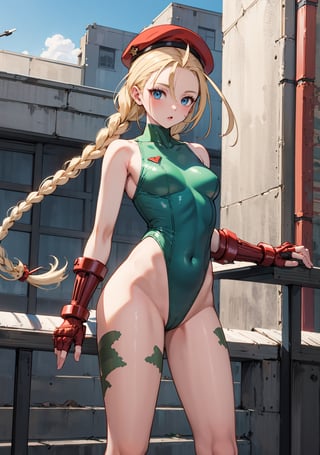 masterpiece, best quality, highres, 1girl, cammy white, twin braids, long hair, blonde hair, antenna hair, beret, (red headwear:1.3), blue eyes, scar on cheek, green leotard, medium breasts, sleeveless, red gloves, fingerless gloves, camouflage, lora:cammy_white_v1:0.7,  cowboy shot, standing, outdoors, arms at sides, straight-on,

