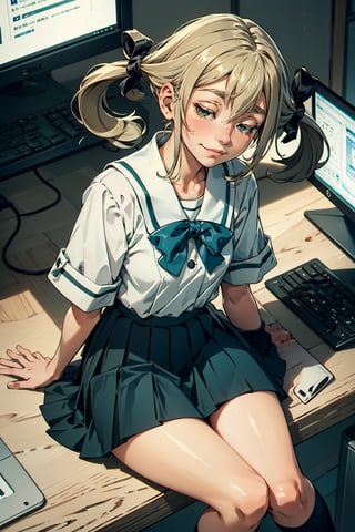 masterpiece, best quality, koujiro frau, hair ribbons, serafuku, pleated skirt, green socks, loafers, looking at viewer, smile, (tired:1.4), looking at viewer, computer, sitting, from above,  lora:frau-nvwls-v1:.8
,koujiro frau