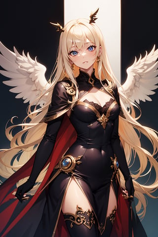  yinyangstyle, facing viewer,   malice_(riviera), blonde_hair, long_hair, cape, dress, angel_wings, gloves,, ultra detailed, masterpiece, best quality, aesthetic, detailed,
