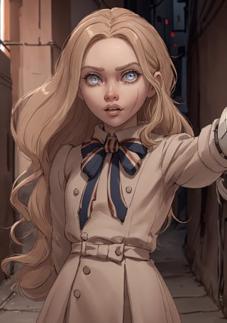 ,(looking at viewer),(cowboy shot dynamic pose:1.22),M3GEN/(Robot Girl/), 1girl, solo, long hair, blonde hair, realistic, blurry, grey eyes, bow, photo inset, upper body, bowtie, parted lips, ribbon, lips,detailed shiny skin,perfect and very white teeth,finely detailed beautiful eyes,Ultra-fine facial detail,eyelashes,Glossy pink lips,(detailed The dark and terrifying alleys background:1.4),outdoors,(day:1.33),depth of field,intricate,elegant,highly detailed,digital photography,masterpiece,hdr,,