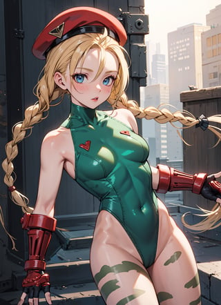 masterpiece, best quality, highres, 1girl, cammy white, twin braids, long hair, blonde hair, antenna hair, beret, (red headwear:1.3), blue eyes, scar on cheek, green leotard, medium breasts, sleeveless, red gloves, fingerless gloves, camouflage, lora:cammy_white_v1:0.7,  cowboy shot, standing, outdoors, arms at sides, straight-on,
