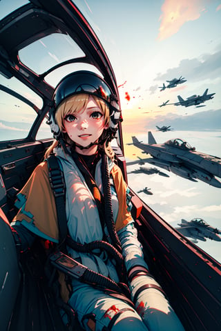 lora:yomama_fighter_jet_pilot_selfie_v2:1, yomama_fighter_jet_pilot_selfie_v2,  lora:RtPL-Malice:0.8, malice_(riviera), blonde_hair, long_hair, blue_cape, white_dress, gloves, sitting, evil smile, sweat, orange sky, dogfight, bullets, blood,, ultra detailed, masterpiece, best quality, aesthetic, detailed,