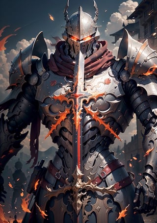 (Realism, photo realism: 1.3), backlight, a knight's mechanical armor, luxurious and exquisite shape, a blue glowing cross carved on the chest of the mecha, the mecha holds a red glowing wide and heavy armor sword, the red scarf sways in the wind, the knight's eyes are red flame light, and the battle posture is drawn