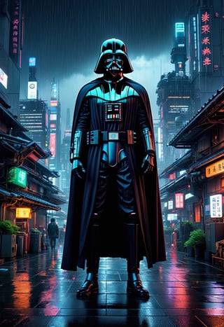 Dark Vador, (((full-body))),Cypherpunk style, wide shot, street, Breathtaking, 8k resolution, extremely detailed, beautiful, establishing shot, artistic, hyperrealistic, ultra realistic render, extremely fine details, like-like render, cinematic lighting, dramatic volumetric lighting, masterpiece, light brazen, extremely detailed and beautiful face, 150mm, HDR10  ,Cyberpunk, in heavy raining futuristic tokyo rooftop cyberpunk night, sci-fi, fantasy, intricate, very very beautiful, elegant, neon light, highly detailed, digital painting, artstation, concept art, soft light, hdri, smooth, sharp focus, illustration,