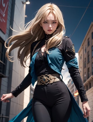 Ultra Detailed, 50mm, official art, unity 8k wallpaper, ultra detailed, aesthetic, masterpiece, best quality, photorealistic,1girl, , luocha, blonde hair, long hair,  black coat, black shirt, black pants, blue ascot, blue armband, blue vest, narrow waist, dynamic pose, dynamic angle, 