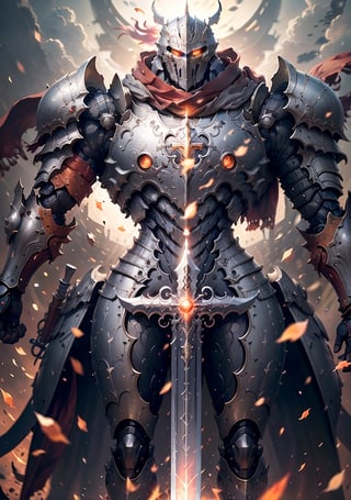 (Realism, photo realism: 1.3), backlight, a knight's mechanical armor, luxurious and exquisite shape, a blue glowing cross carved on the chest of the mecha, the mecha holds a red glowing wide and heavy armor sword, the red scarf sways in the wind, the knight's eyes are red flame light, and the battle posture is drawn