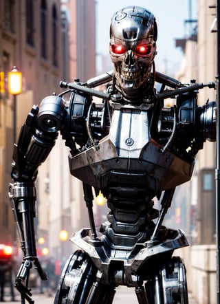 Dark_Fantasy,Cyberpunk,(chain saw,chain saw man,Red:1.1),1man,Mechanical marvel,Robotic presence,Cybernetic guardian, wearing a worn-out mech suit, robot skull head, t800, intricate, (steel metal [rusty]), elegant, clear focus, shot by greg rutkowski, soft lighting, vibrant colors, masterpiece, ((street)), cowboy shot, dynamic pose,T800Endoskeleton