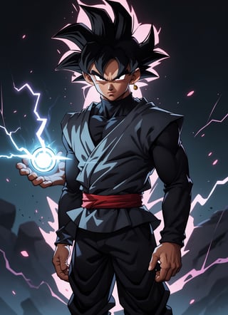 centered, solo, man, upper body, standing, | aura, electricity, Goku_Black, 1boy, male focus, super saiyan, tail, wristband, pants, black hair,  (looking at viewer), 