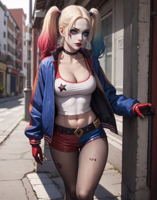 masterpiece, best quality, 1girl, solo, highres,   lora:pikkyharleyquinn-10:0.8,  scenery,
pikkyharleyquinn, two-tone hair,multicolored hair,blonde hair,breasts,makeup,twintails,blue eyes,lipstick,gloves,shorts,cleavage,navel,midriff,gradient hair,short shorts, pantyhose, choker,hair,eyeshadow,colored skin,pale skin,multicolored clothes,jacket,belt, crop top,open jacket,star (symbol),open clothes,lips,
,pikkyharleyquinn