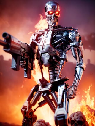 lora:T800Endoskeleton-10:0.8, (RAW photo, real life, absurdres, high quality, photorealistic, detailed, realistic:1.3), (solo:1.3), ((dynamic pose)), a high resolution comic book art photo of a T800Endoskeleton robot with red eyes and metal skull face and chrome metal body and holding a futuristic gun shooting lasers, standing on a hill of skulls, dark sky and fire and flames and smoke and explosions and robots and post apocalypse war in the background, cinematic, atmospheric, 8k, realistic lighting, shot by Hassleblad H6D, Zeiss, Kodachrome, nikon, 50mm 1.2 lens, Octane Render, ultra realistic, realistic lighting, photorealistic, photorealism, photoreal, unreal engine 5, Adobe After FX, highly detailed, intricate detail
,T800Endoskeleton